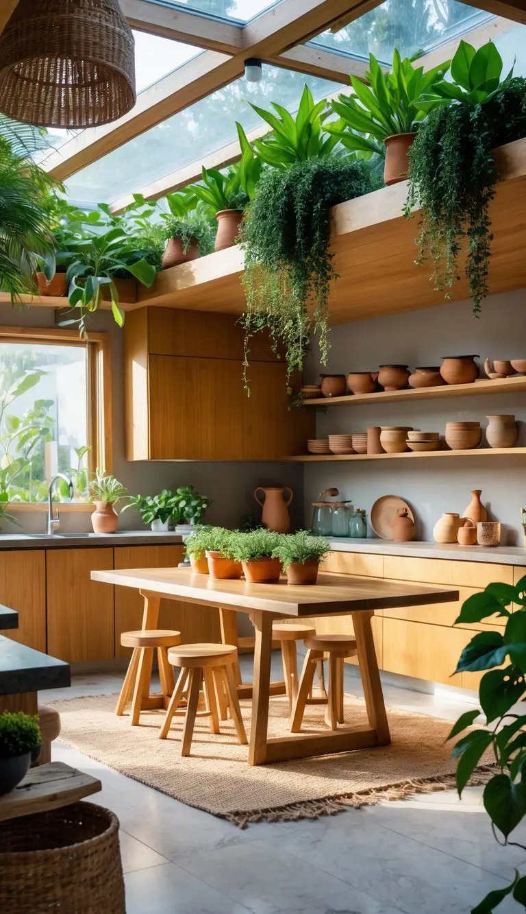 A kitchen filled with indoor plants, wooden furniture, and natural materials creating a warm and inviting atmosphere.