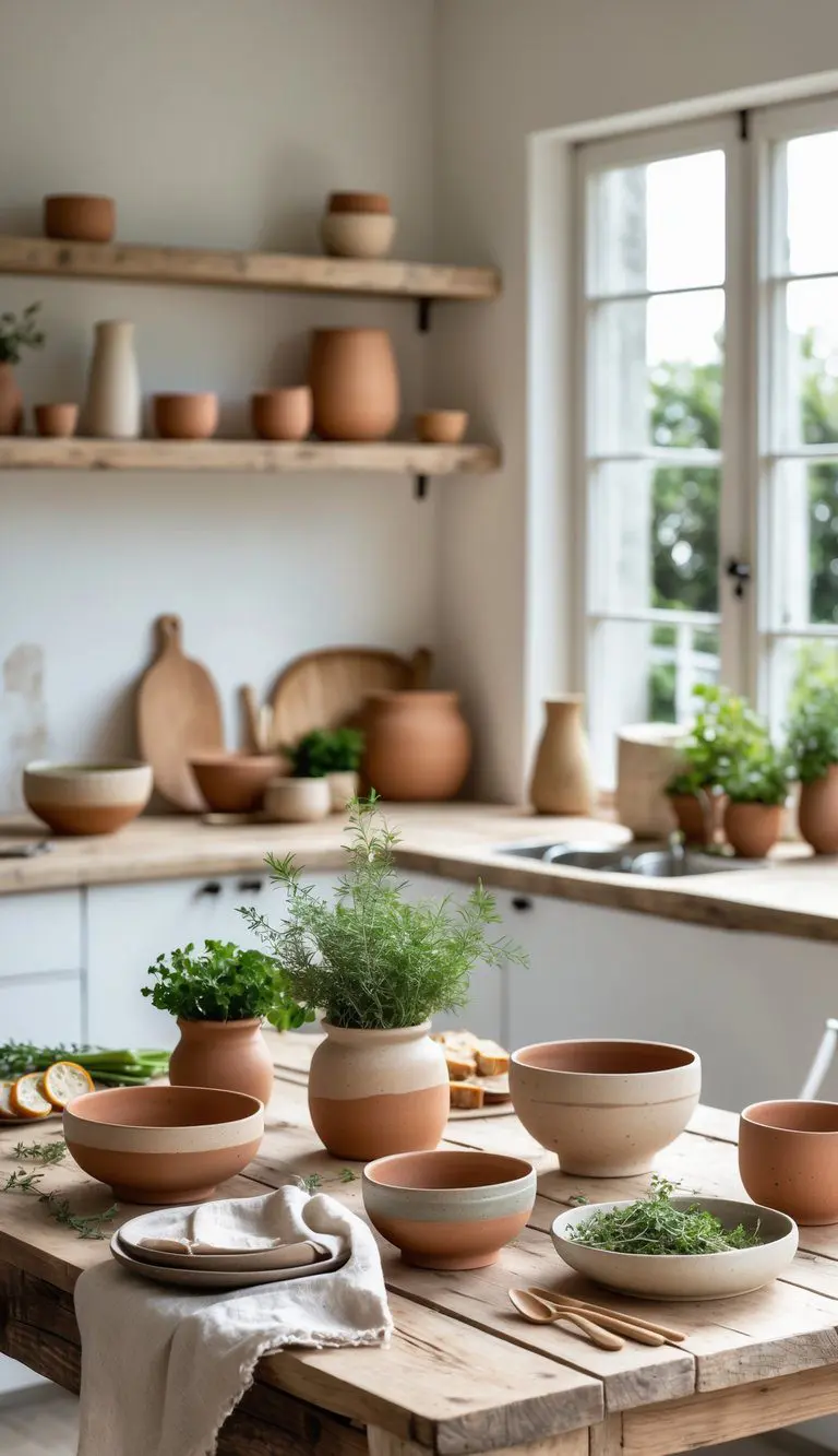 A wooden kitchen table set with handmade ceramic dishes and bowls, fresh herbs, and natural light coming through a window.