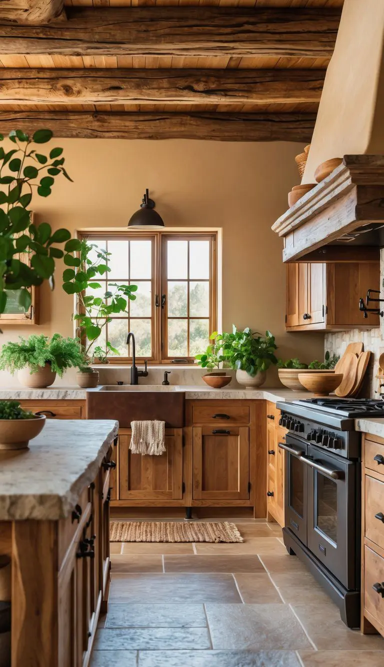 A kitchen with wooden cabinets, black metal hardware, green plants, and natural materials creating a warm and inviting space.