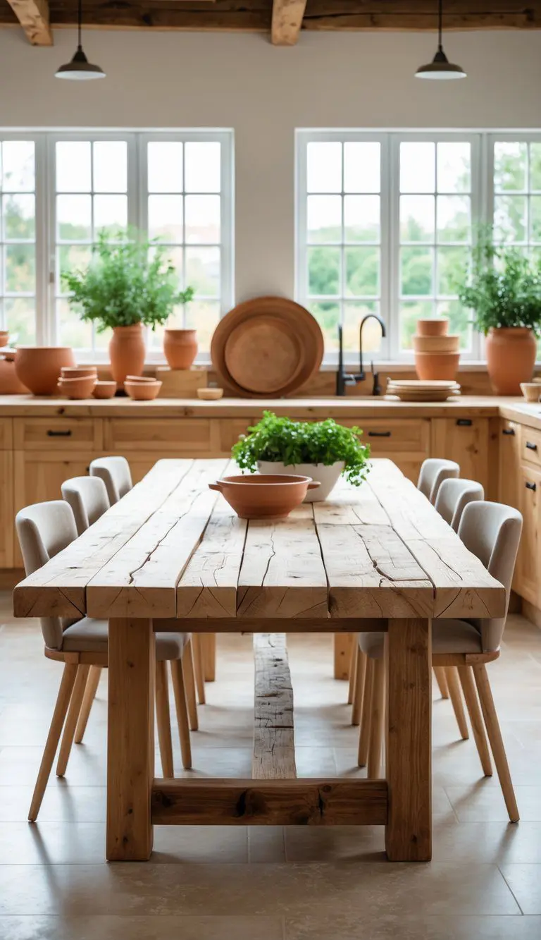 A wooden dining table in a bright kitchen with natural light, surrounded by chairs and earthy kitchen decor.
