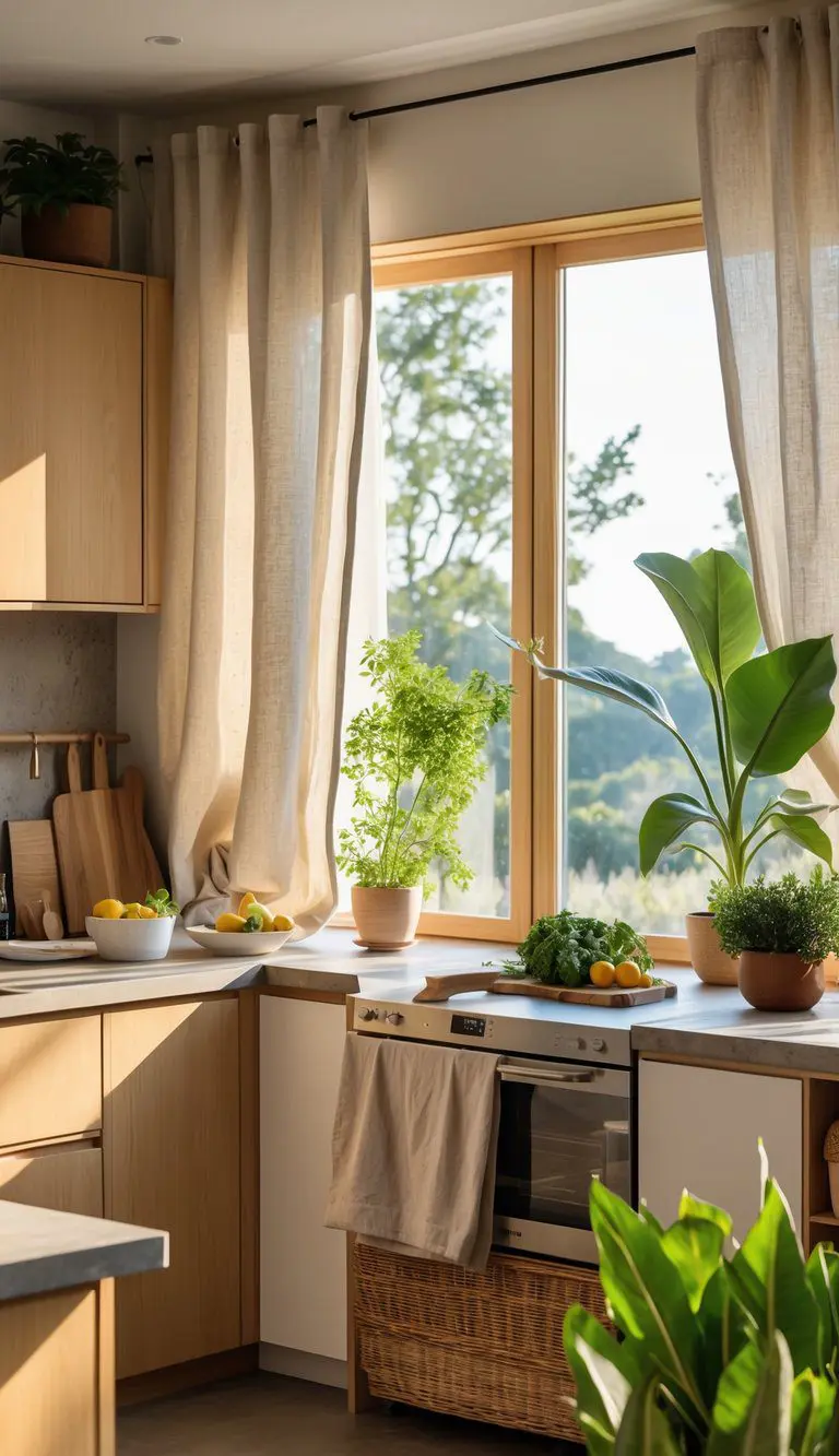 A bright kitchen with neutral-colored curtains by a window, wooden cabinets, stone countertops, and plants on the counter.