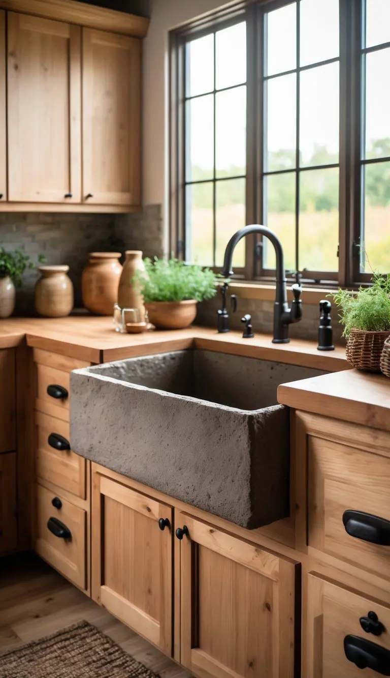 A kitchen with a large farmhouse sink made of stone under a window, surrounded by wooden countertops and kitchen accessories.