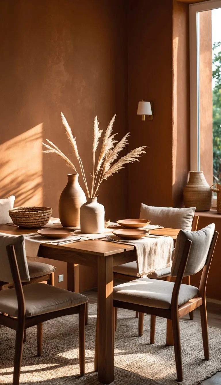 A cozy dining area with warm terracotta walls, a wooden table set with tableware, and earth-toned chairs illuminated by natural light.