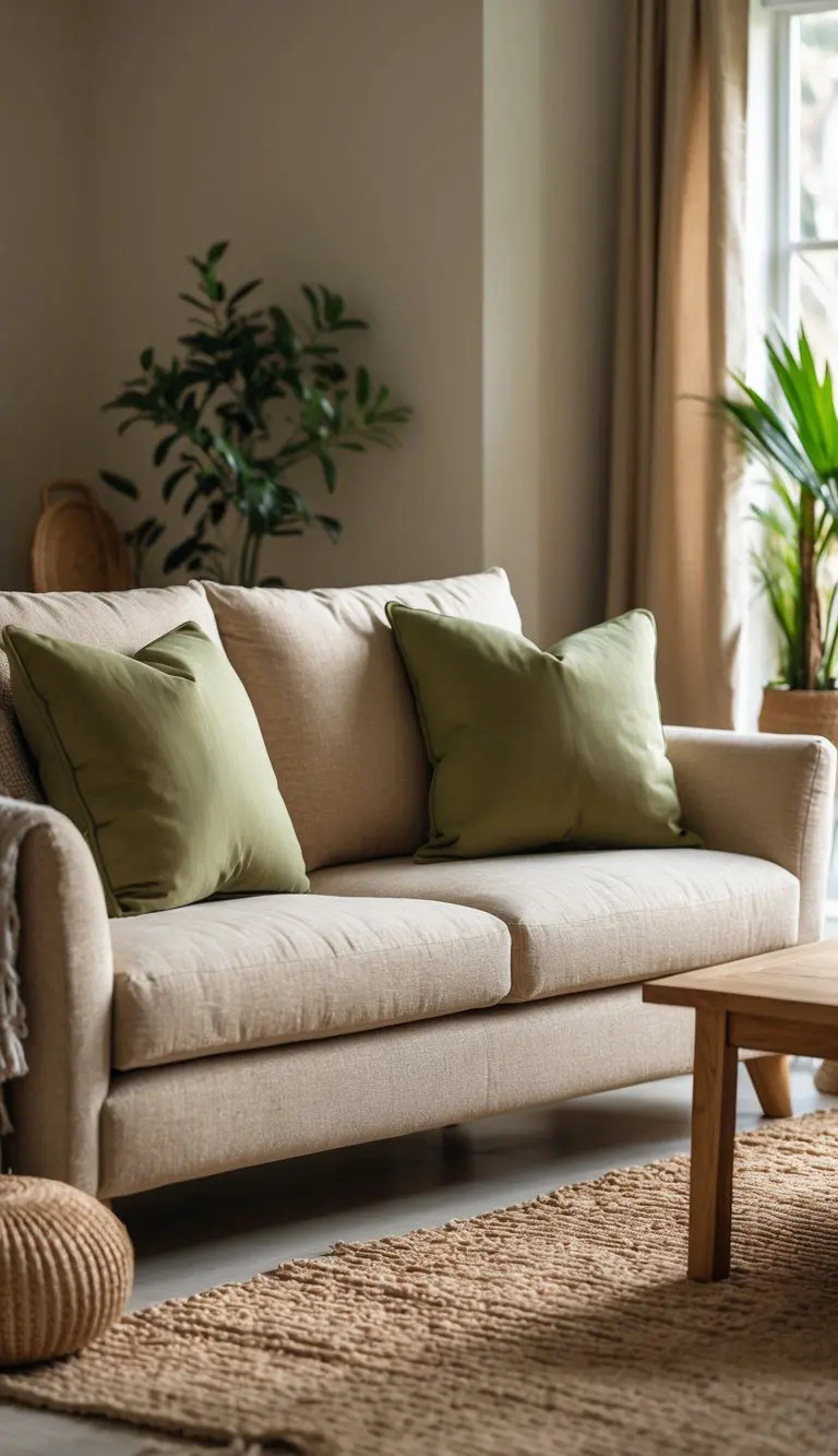 Beige sofa with olive green pillows in a warmly lit living room with earth tone decor.