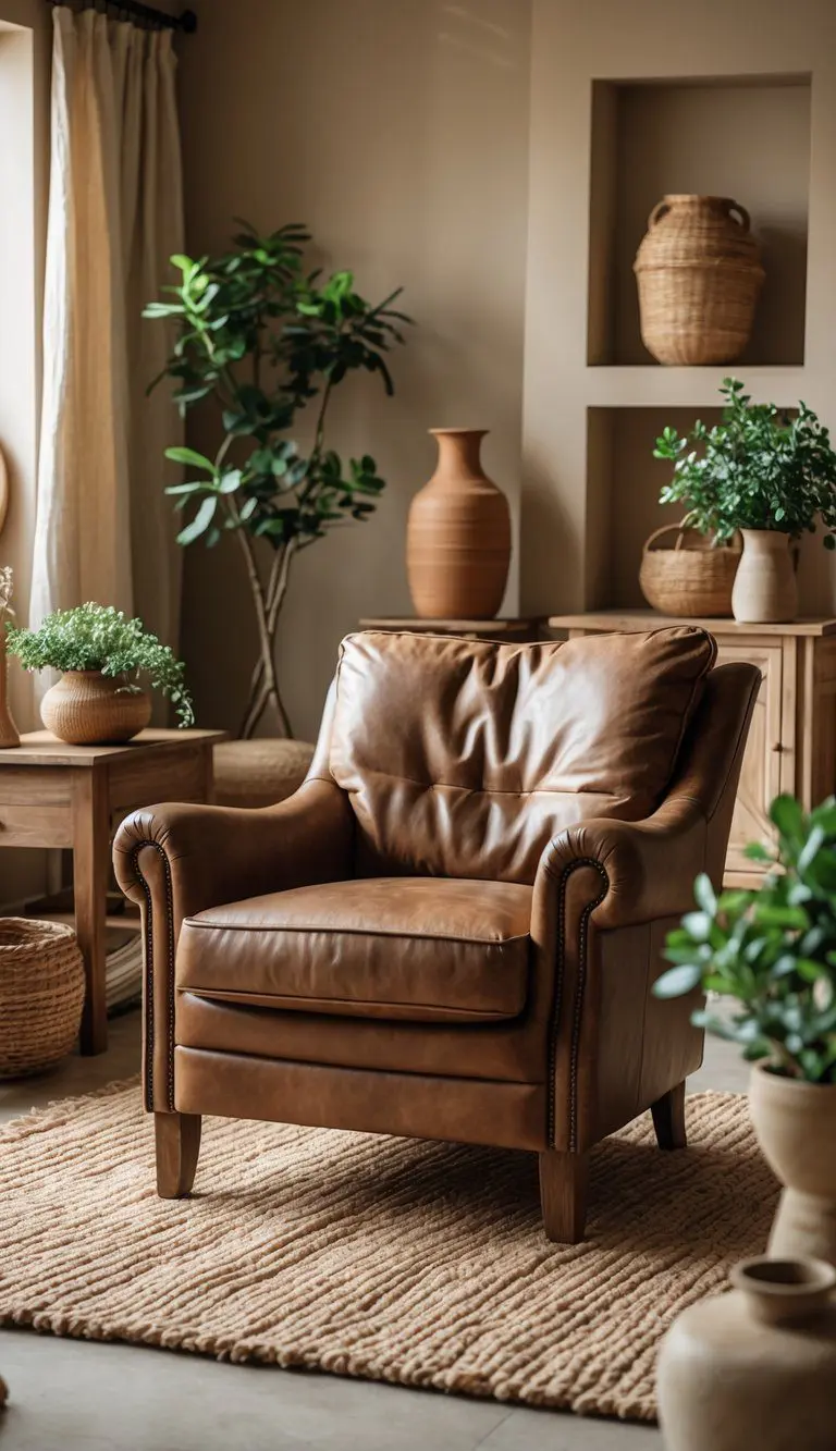 A brown leather armchair in a living room with earth tone colors and natural decor.