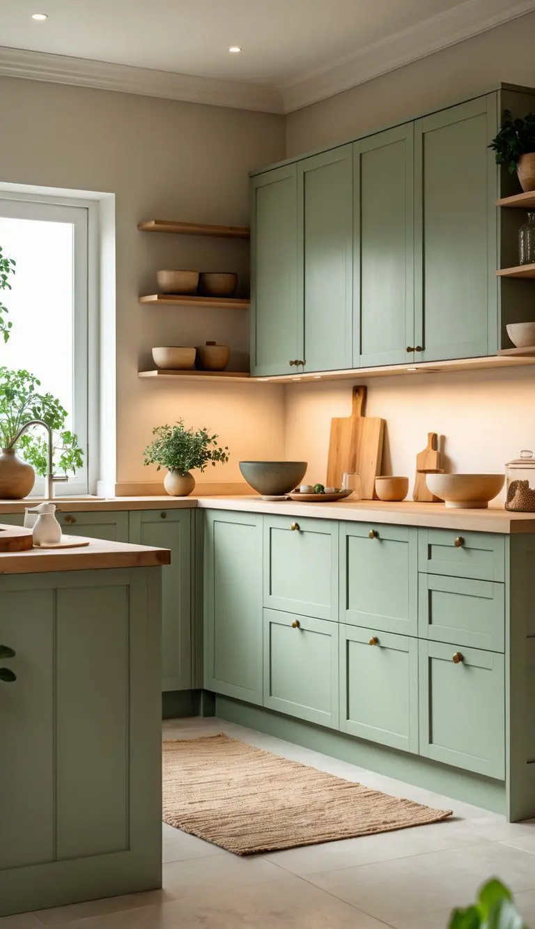 A kitchen with muted sage green cabinets, light countertops, wooden accents, kitchenware, and natural light coming through a window.