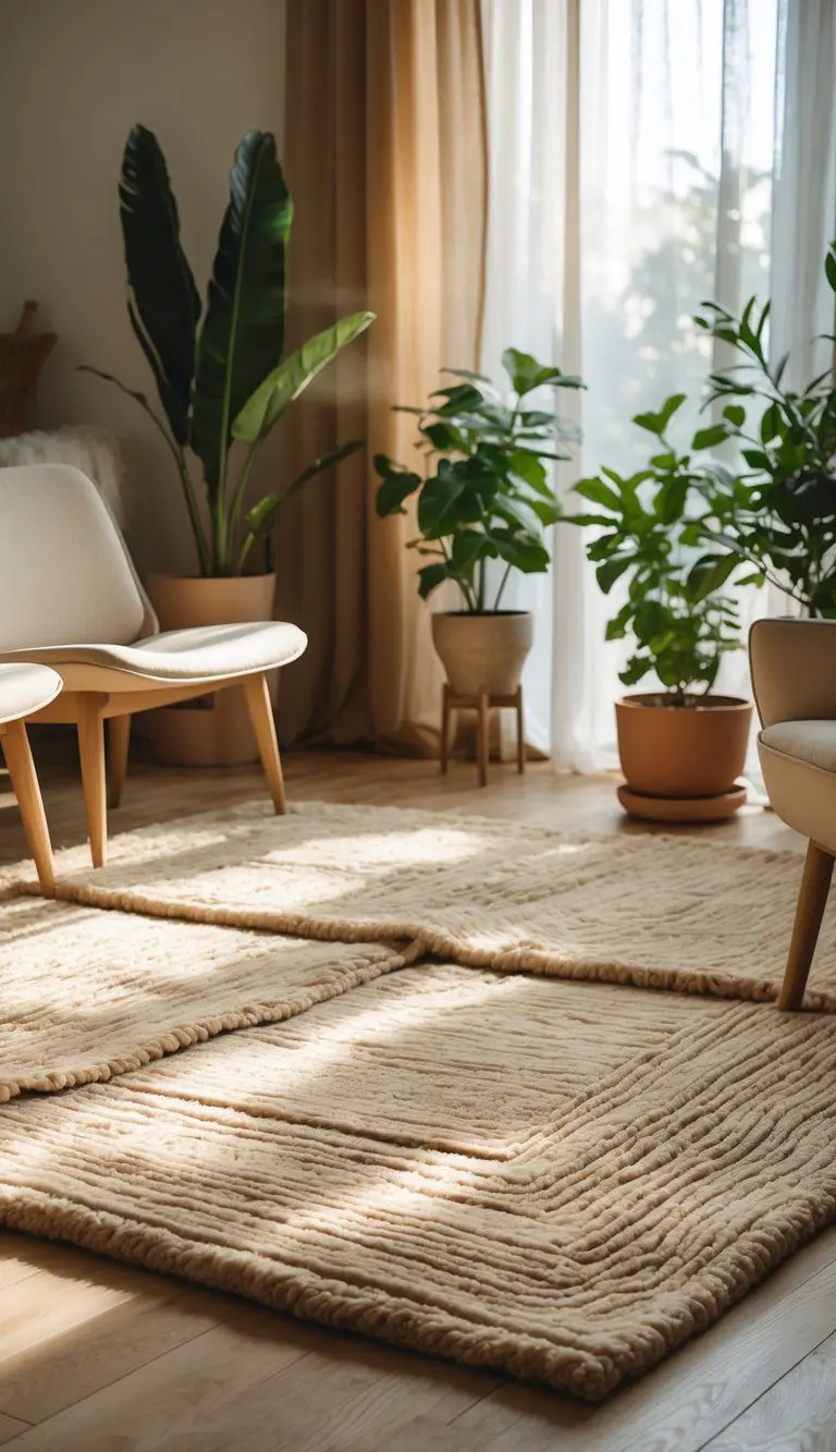 A cozy interior with soft beige wool rugs on a wooden floor surrounded by earth tone furniture and green plants.