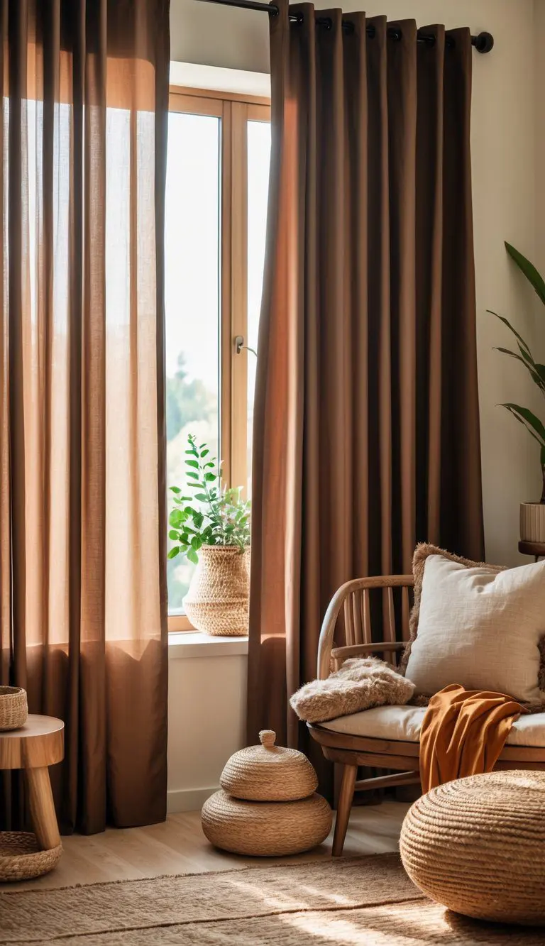 A warm interior room with deep chocolate brown curtains and earth tone furnishings including wooden furniture and soft cushions.