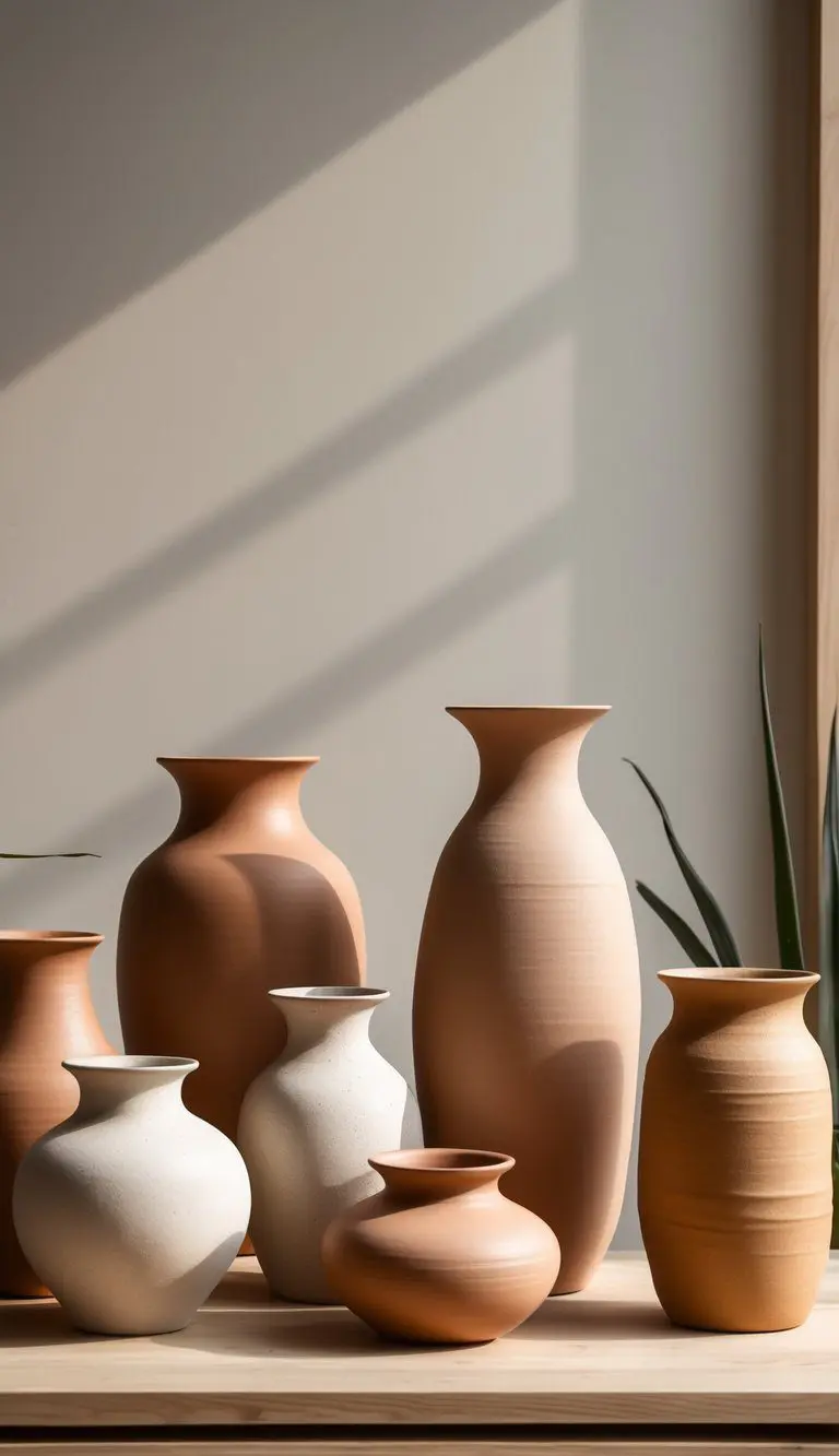 A group of clay-colored ceramic vases of different shapes and sizes arranged on a wooden surface with a neutral background.