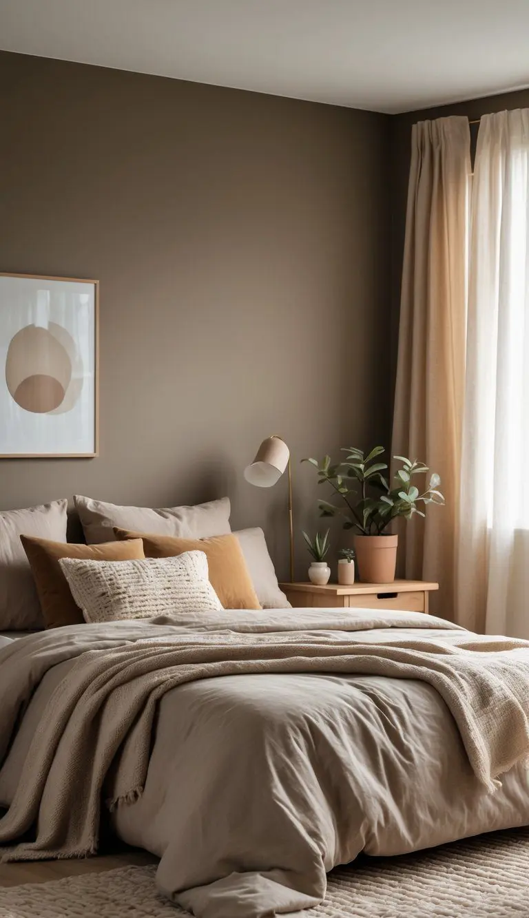 A bedroom with taupe walls, a neatly made bed with neutral linens, wooden furniture, and natural light coming through a window.