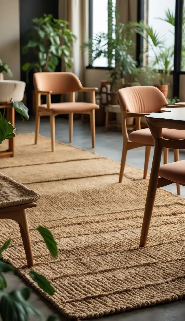 A living room with natural jute rugs and wooden furniture in earth tone colors, lit by soft natural light.