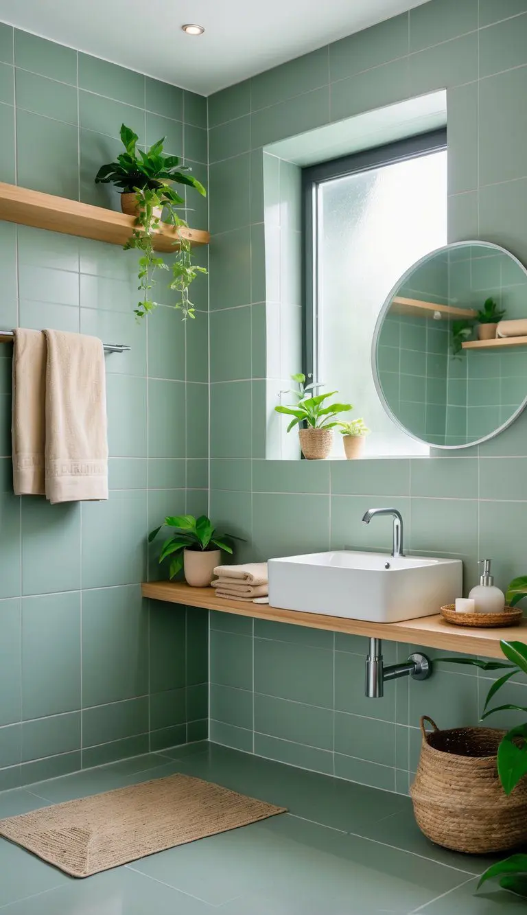 A bathroom with soft gray-green tiles, wooden shelves, green plants, and a white sink illuminated by natural light.