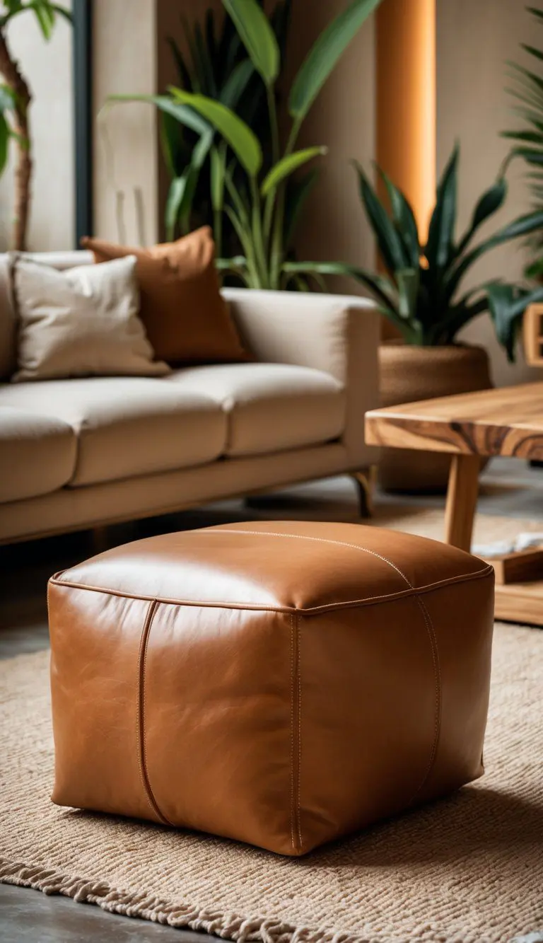 A warm caramel leather ottoman in a lounge area surrounded by earth tone furnishings and natural decor.