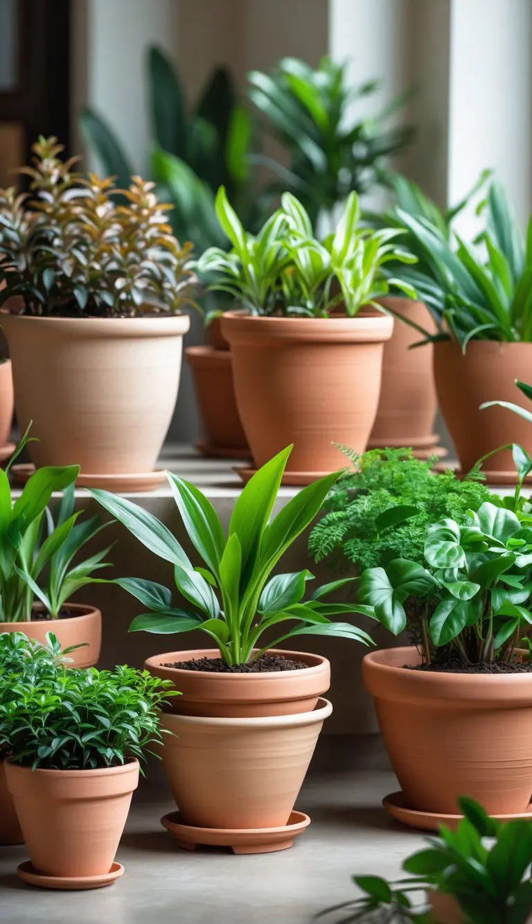 A group of terracotta flower pots in various earth tone colors holding green indoor plants, arranged on a surface inside a room.
