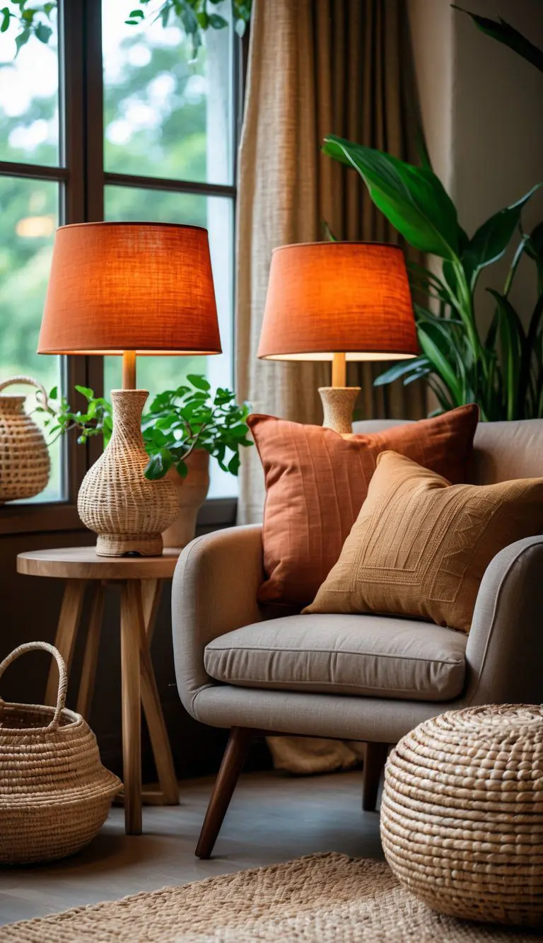 A cozy room with rust orange lampshades glowing softly next to an armchair, surrounded by earth tone cushions, plants, and natural decor.
