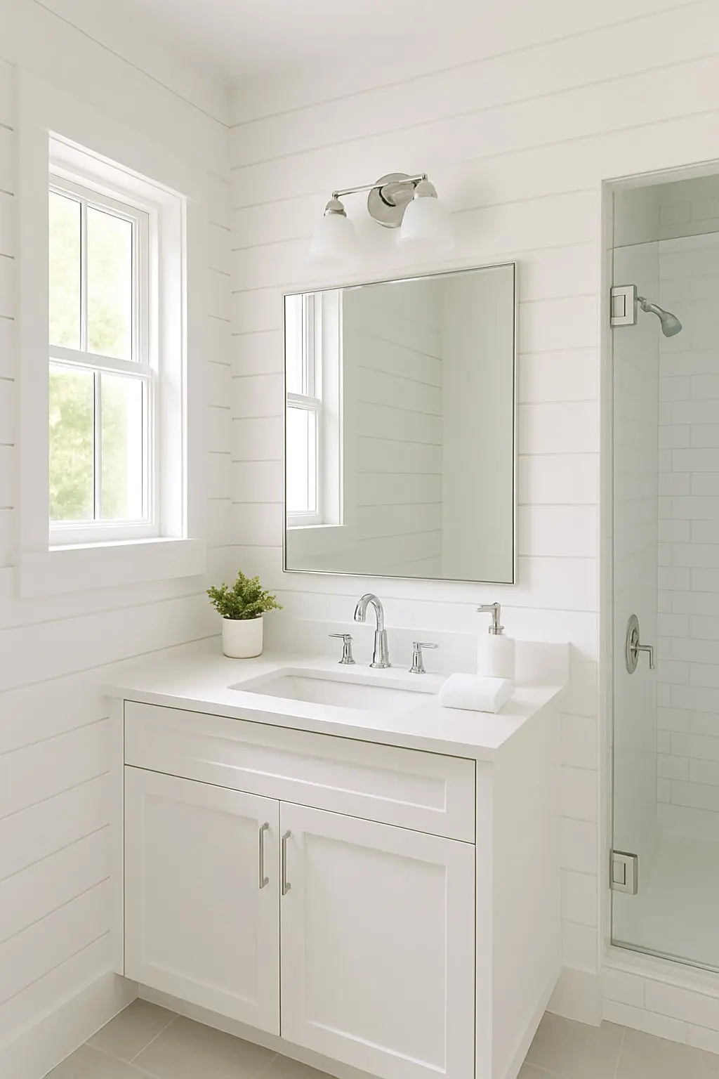 A bright bathroom with white wooden walls, a white vanity, a large mirror, and a glass shower enclosure.