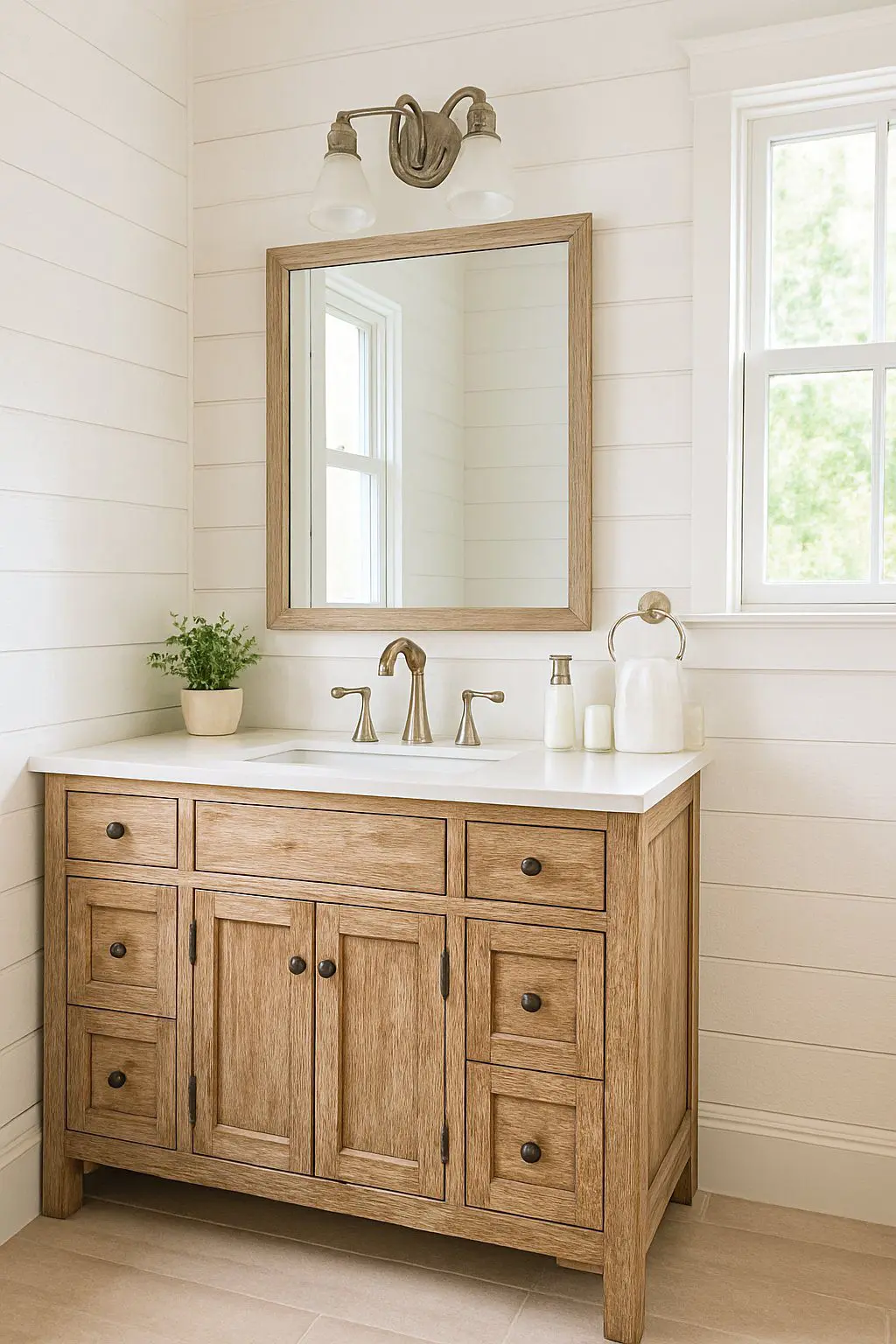 A bathroom with white wooden walls, distressed cabinets, a farmhouse-style vanity, and natural light coming through a window.