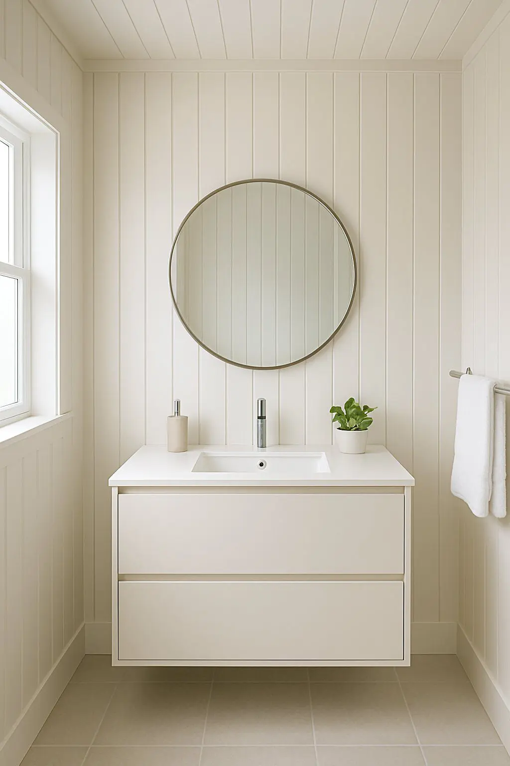 A bright bathroom with vertical wooden wall panels, a white vanity with a round mirror, and natural light coming through a window.