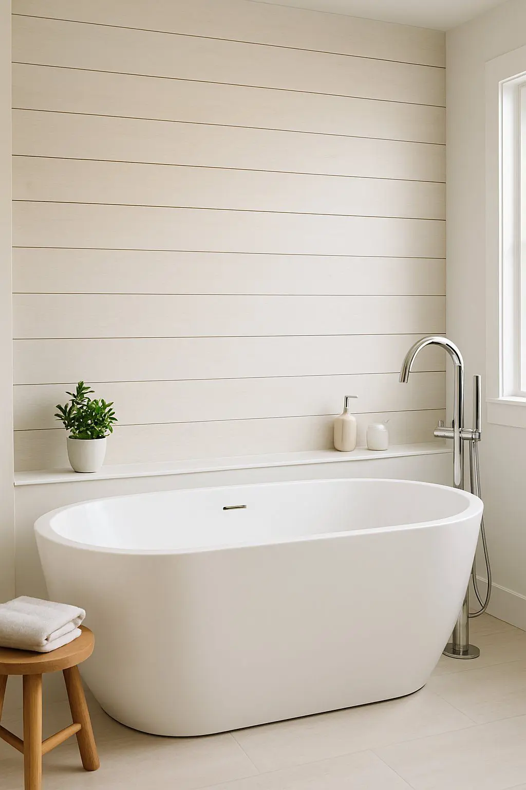 Bathroom with a freestanding bathtub in front of a wooden shiplap accent wall and natural light.