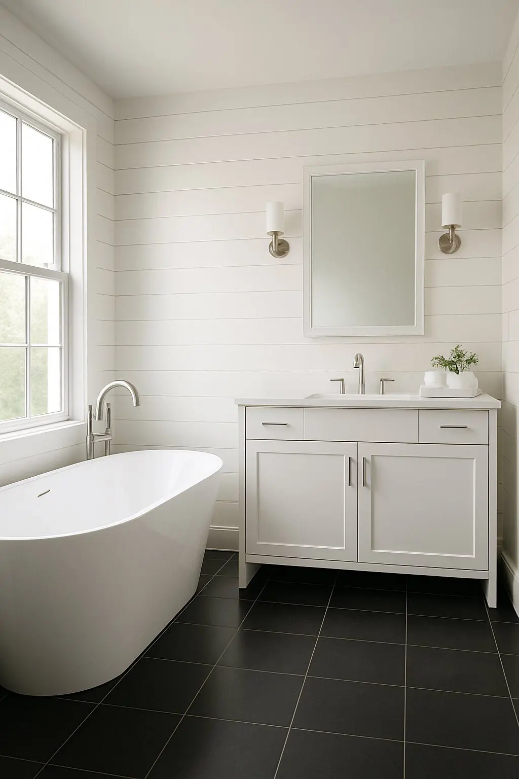 A bathroom with black floor tiles, white shiplap walls, a freestanding bathtub, and a white vanity with a mirror.
