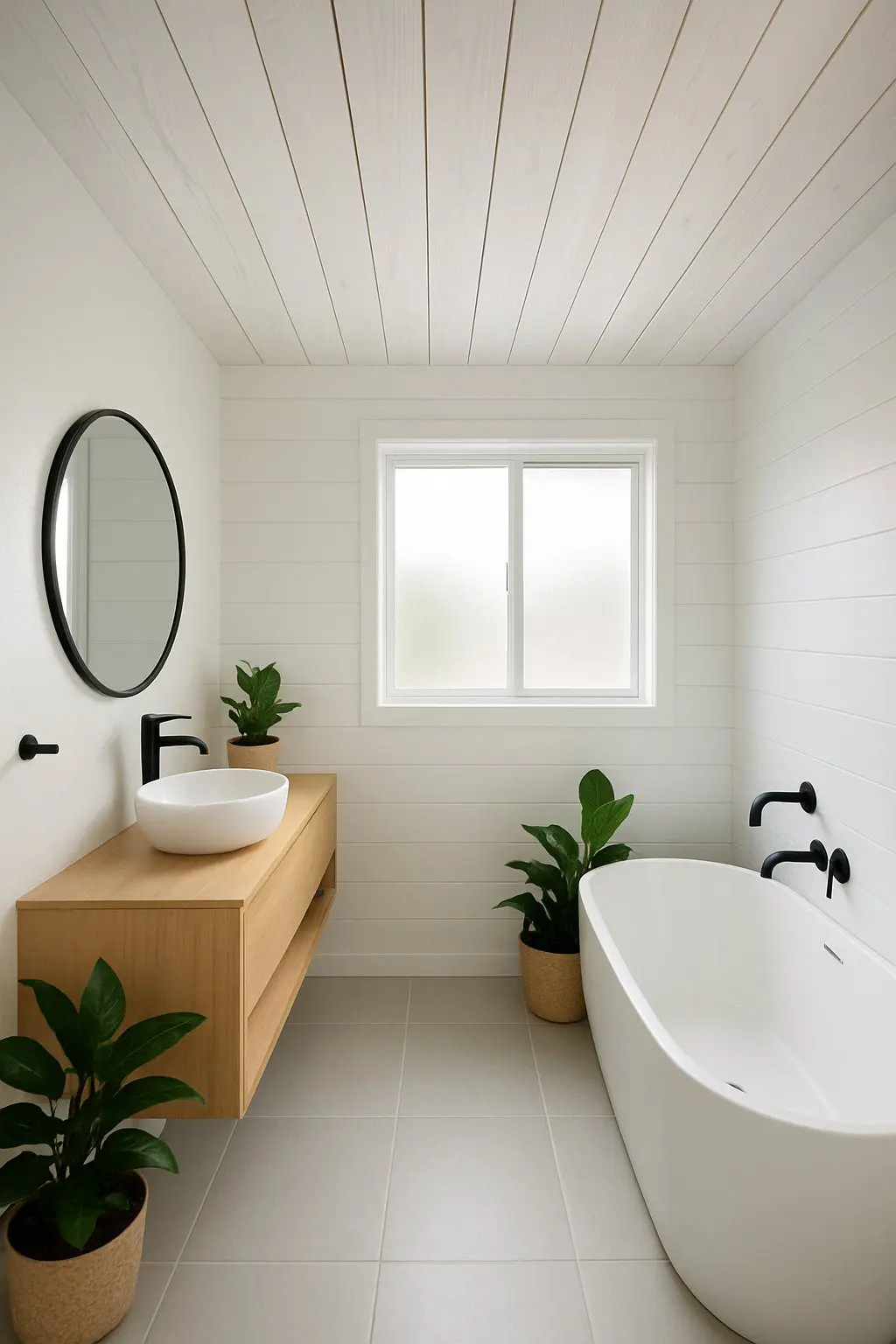A bright bathroom with a white freestanding bathtub, wooden vanity, round mirror, and plants, featuring a textured ceiling made of horizontal wooden panels.