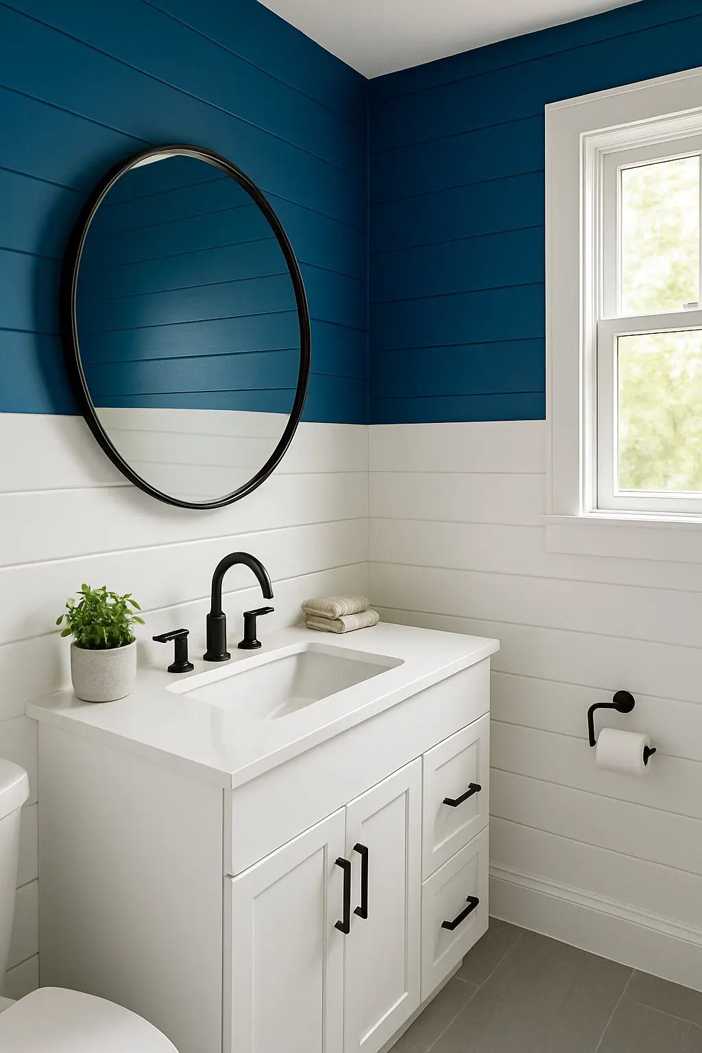 A bathroom with two-tone shiplap walls in blue and white, a white vanity, round mirror, black fixtures, and natural light coming through a window.