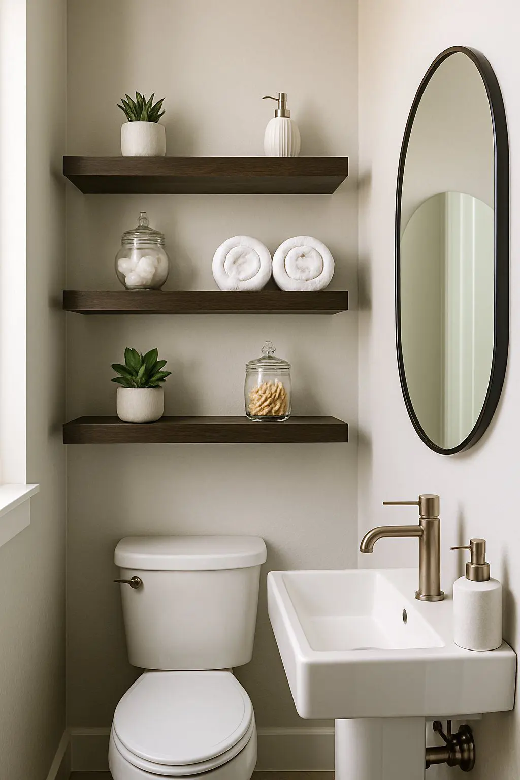 A half bathroom with floating shelves holding plants, towels, and bathroom accessories above a sink.