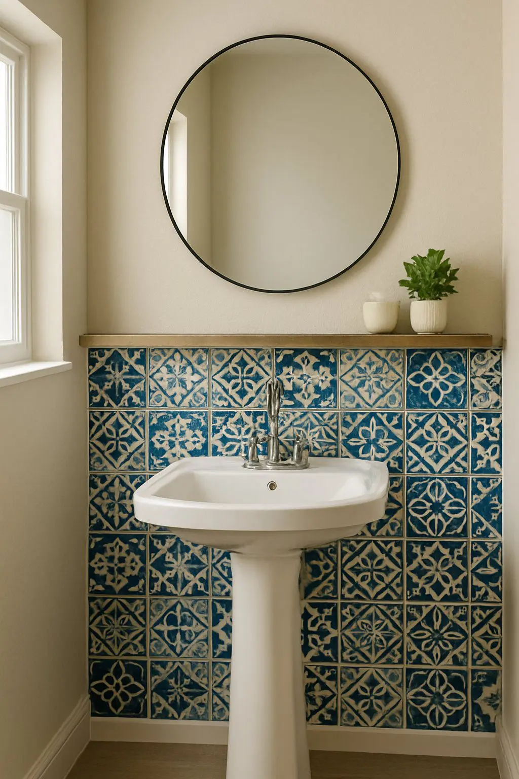 A half bathroom with a pedestal sink, round mirror, decorative shelf, and a bold patterned tile backsplash.