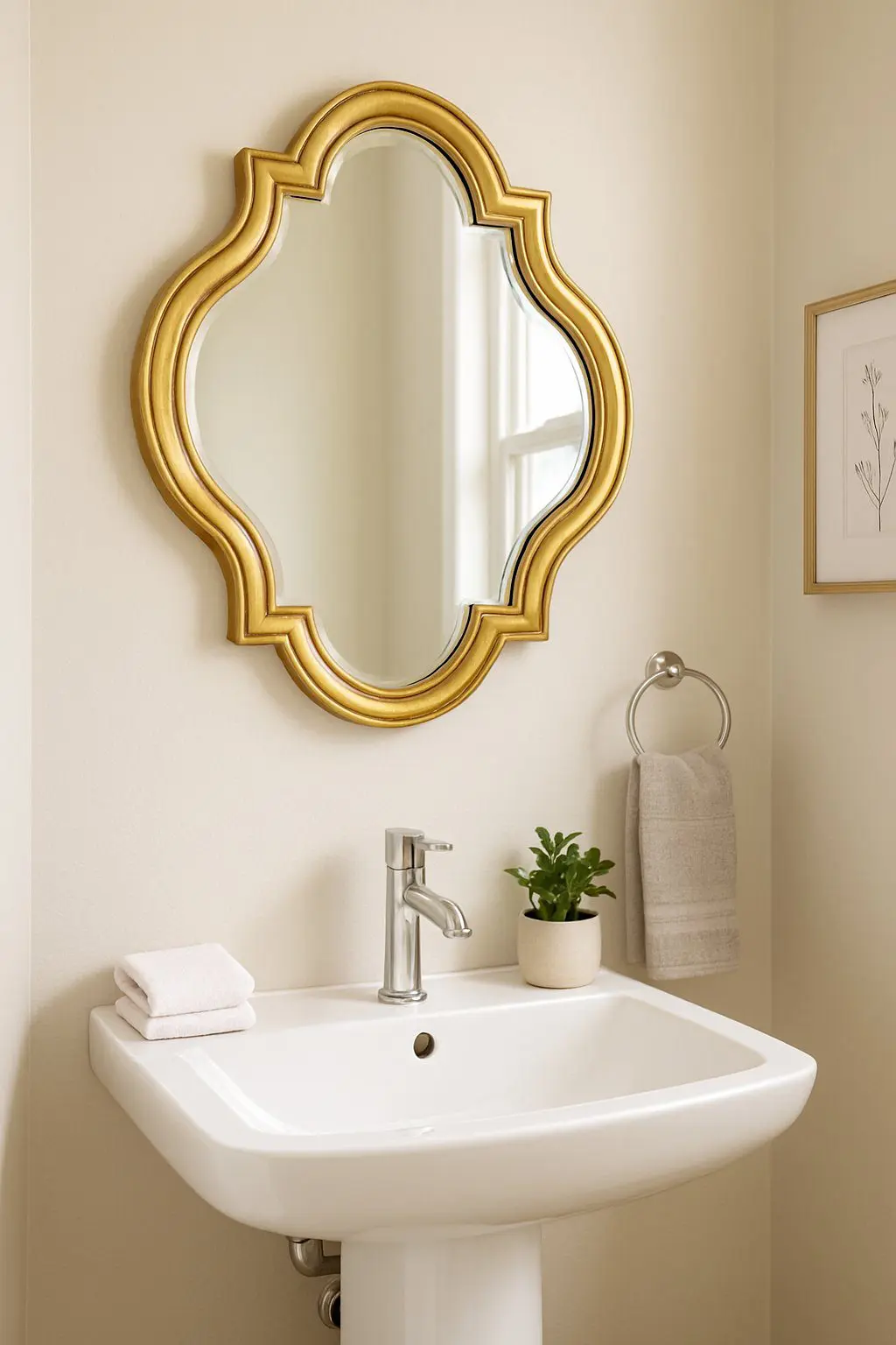 Half bathroom with a statement mirror above a white sink, bright natural light, and simple decor.
