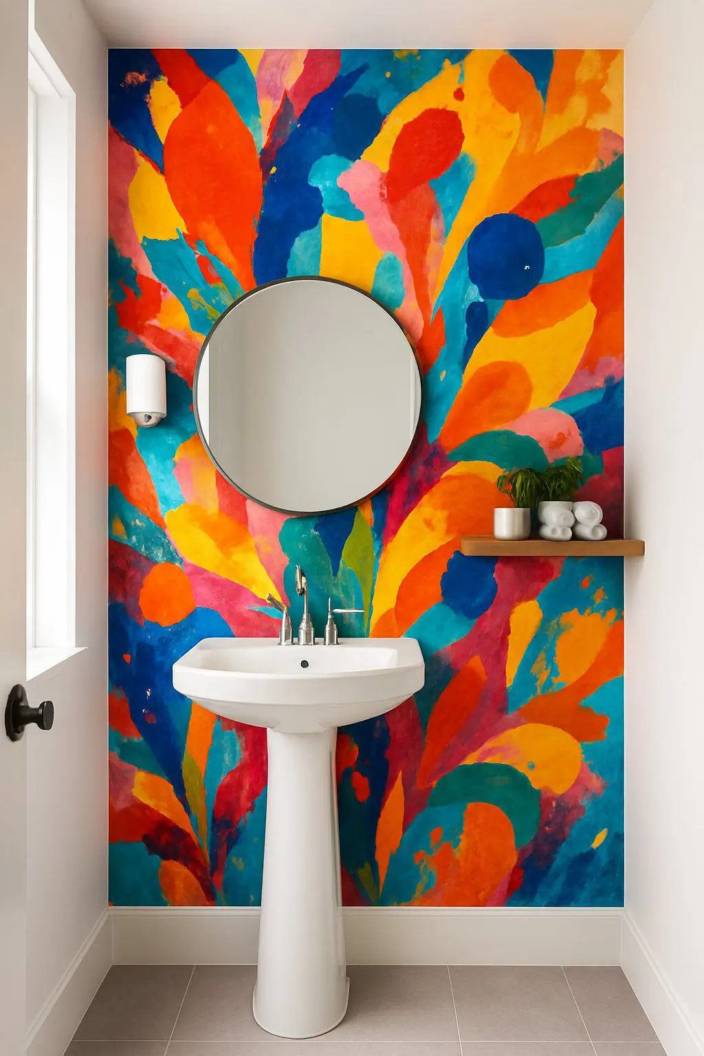 A half bathroom with a colorful mural on the wall, a white sink, round mirror, and decorative items on a wooden shelf.