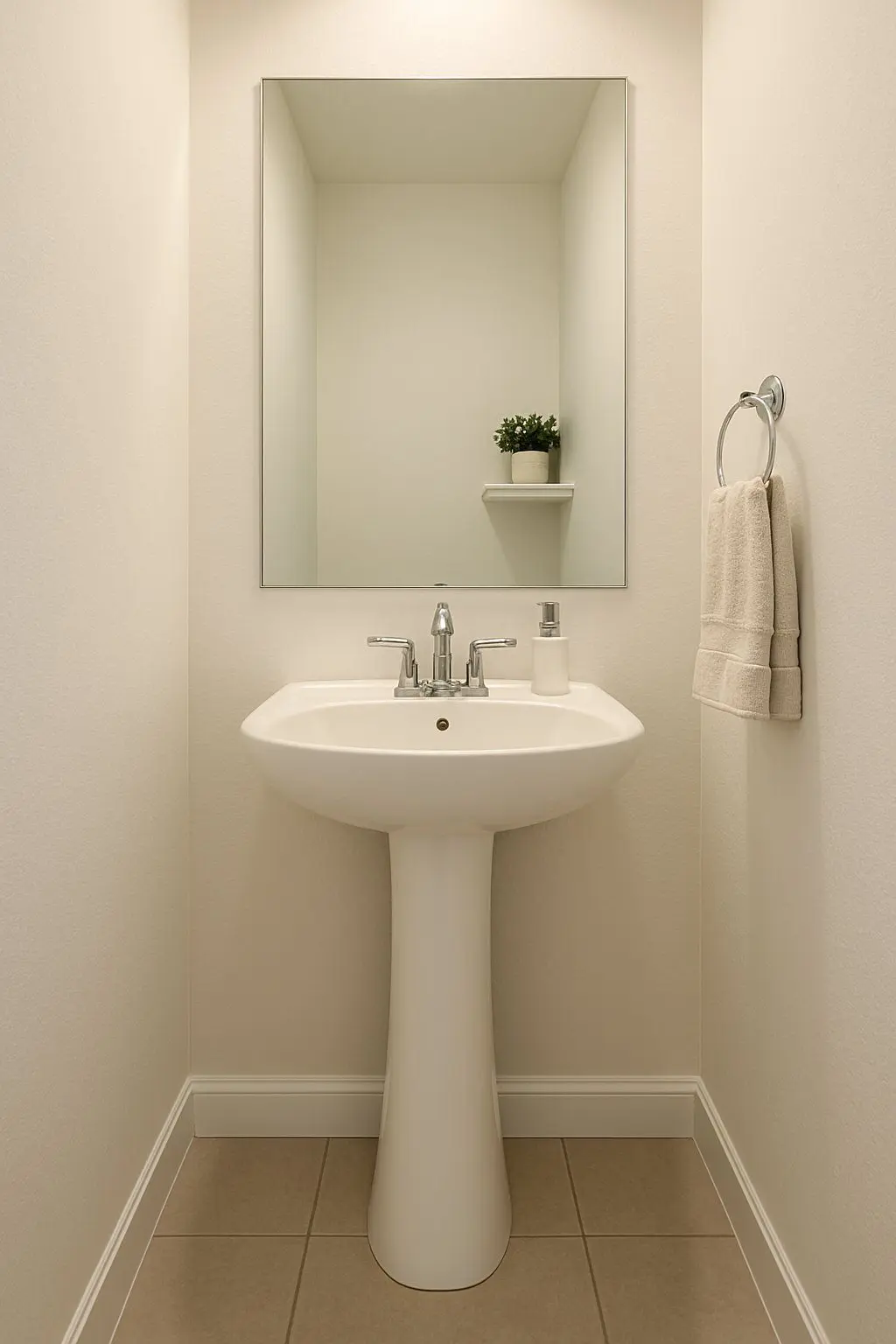 A half bathroom with a white pedestal sink, mirror, towel ring, and a small plant on a shelf.