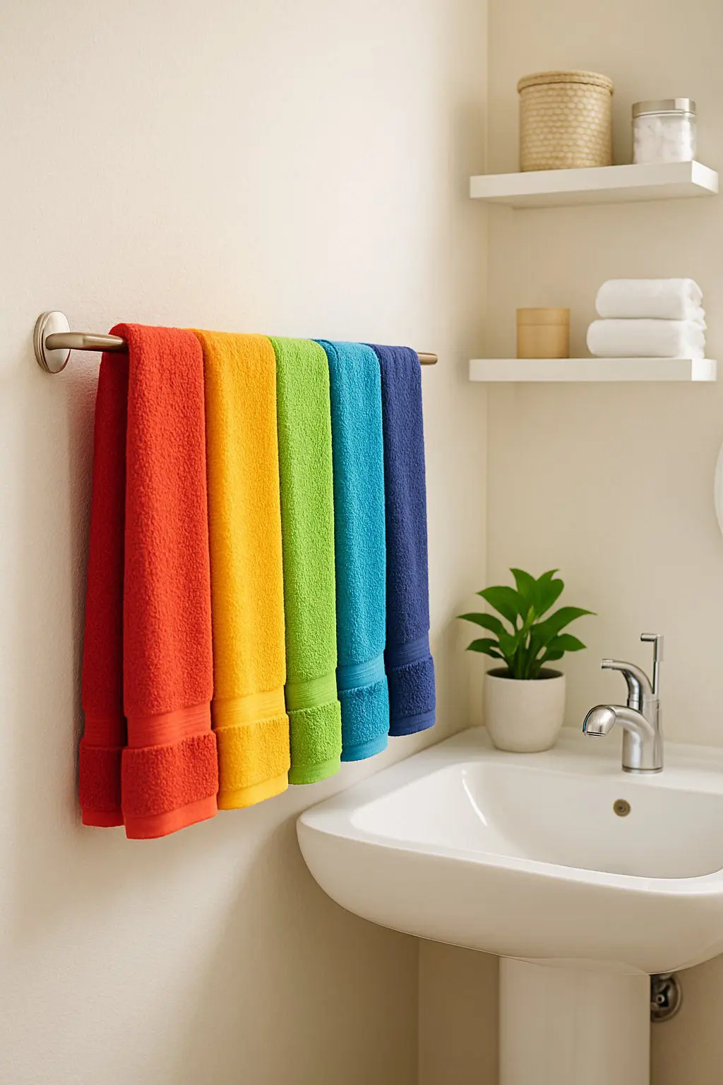 A half bathroom with colorful hand towels hanging near a white sink and small decorative items on shelves.