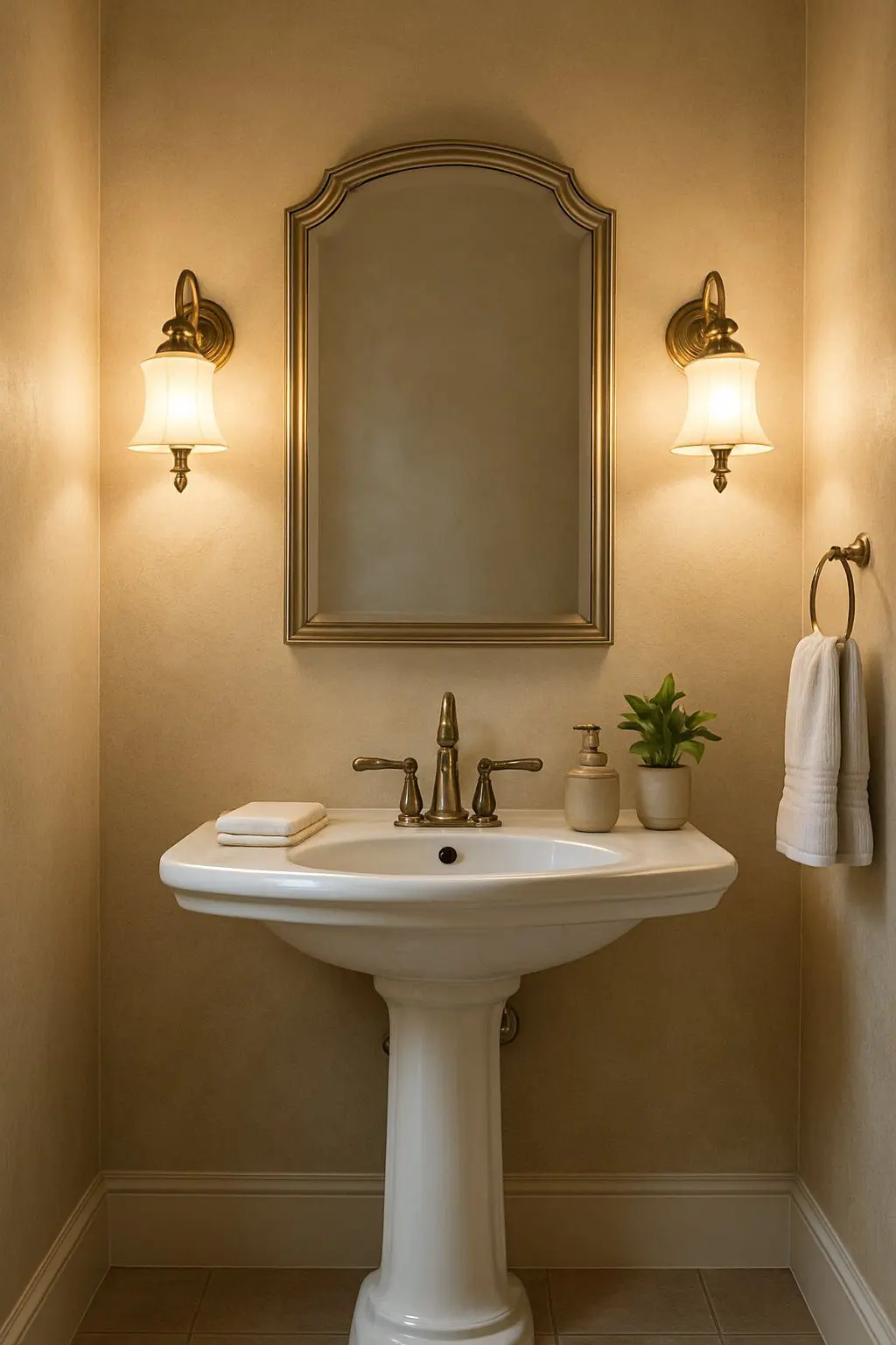 A half bathroom with a pedestal sink, mirror, vintage-style wall sconces, and decorative accessories.