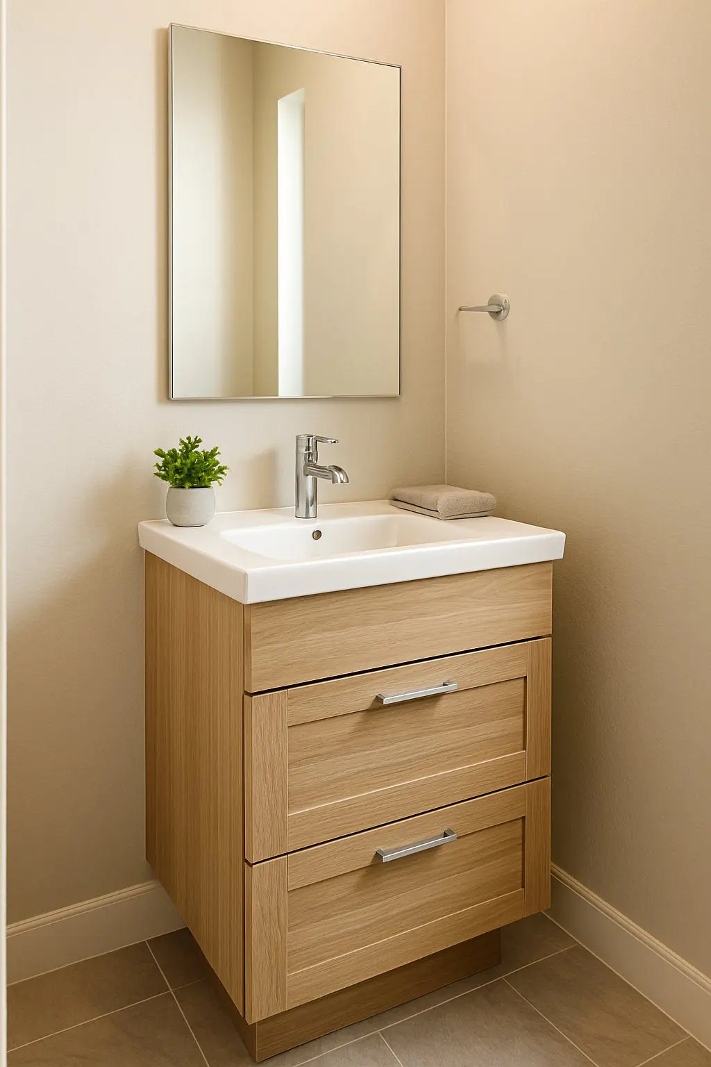 A small bathroom with a compact vanity that has built-in storage, a sink, a mirror, and simple decor.