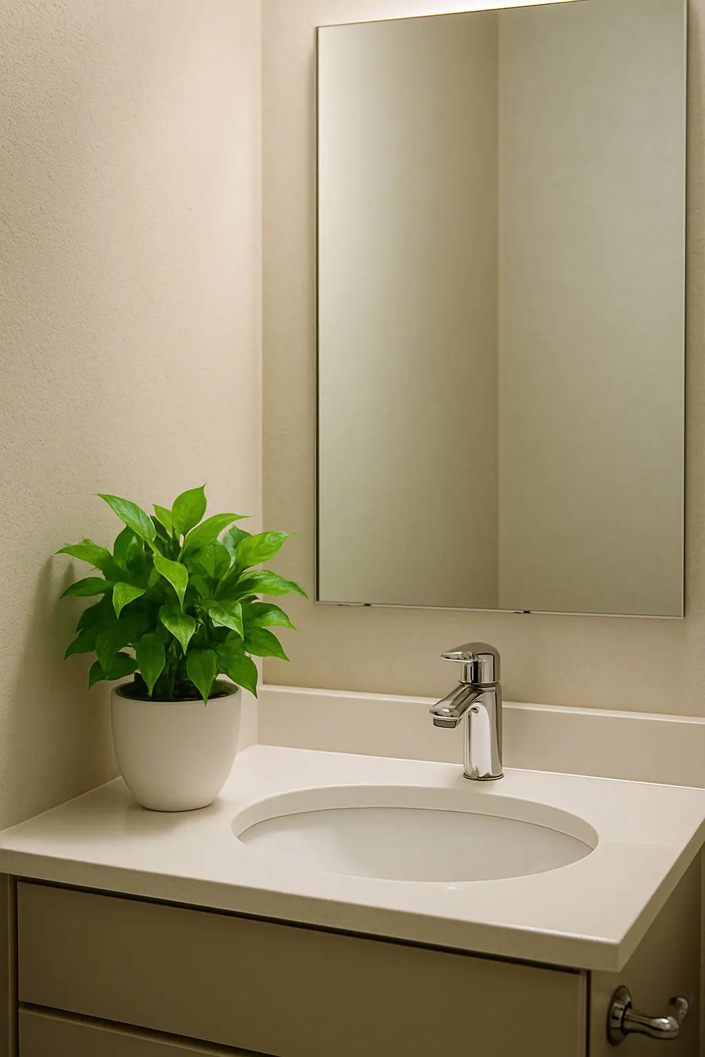 A small green potted plant placed on a countertop in a clean and modern half bathroom.
