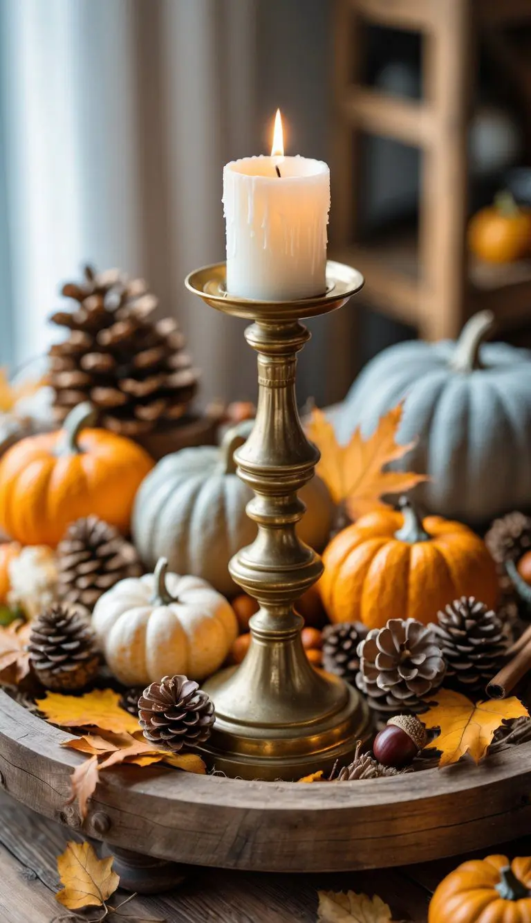 A vintage brass candlestick on a wooden tray filled with autumn decorations like pumpkins, leaves, pine cones, and cinnamon sticks.