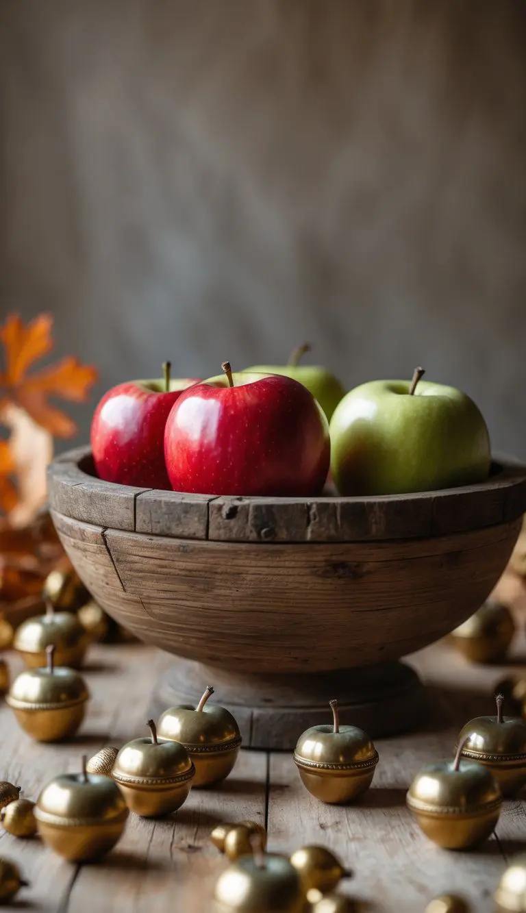 A wooden bowl filled with crisp apples surrounded by scattered brass acorns on a wooden surface.
