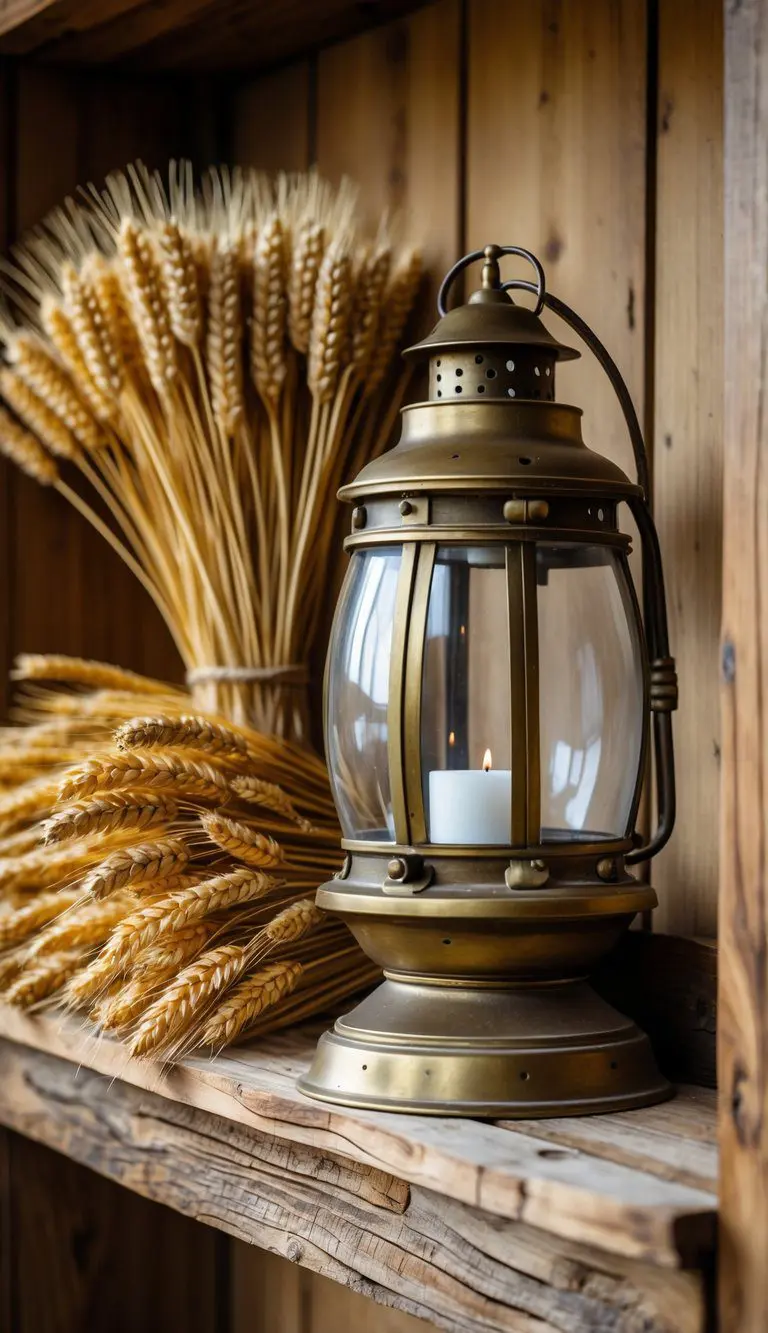 An antique brass lantern on a reclaimed wood shelf next to bundles of dried wheat.
