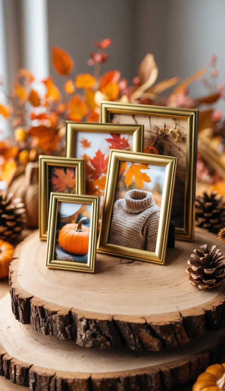 A wood slab with brass photo frames displaying fall-themed prints arranged together with autumn decorations.