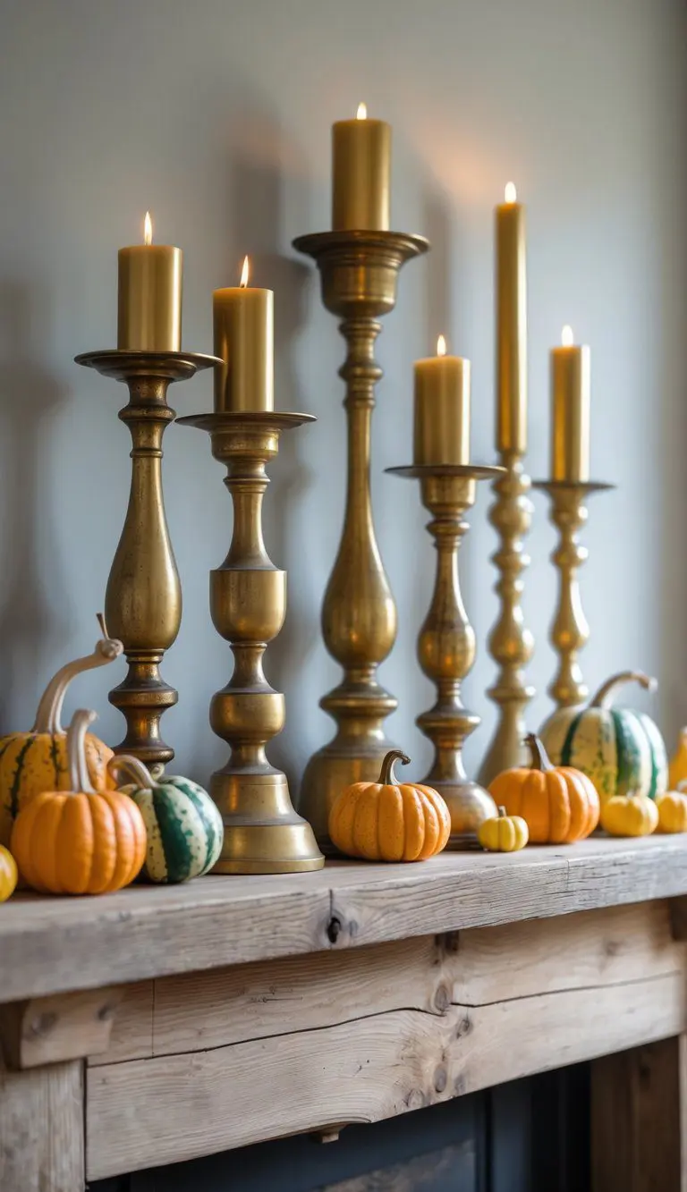 Brass candlesticks of different heights arranged on a rustic wooden mantel with small colorful gourds.