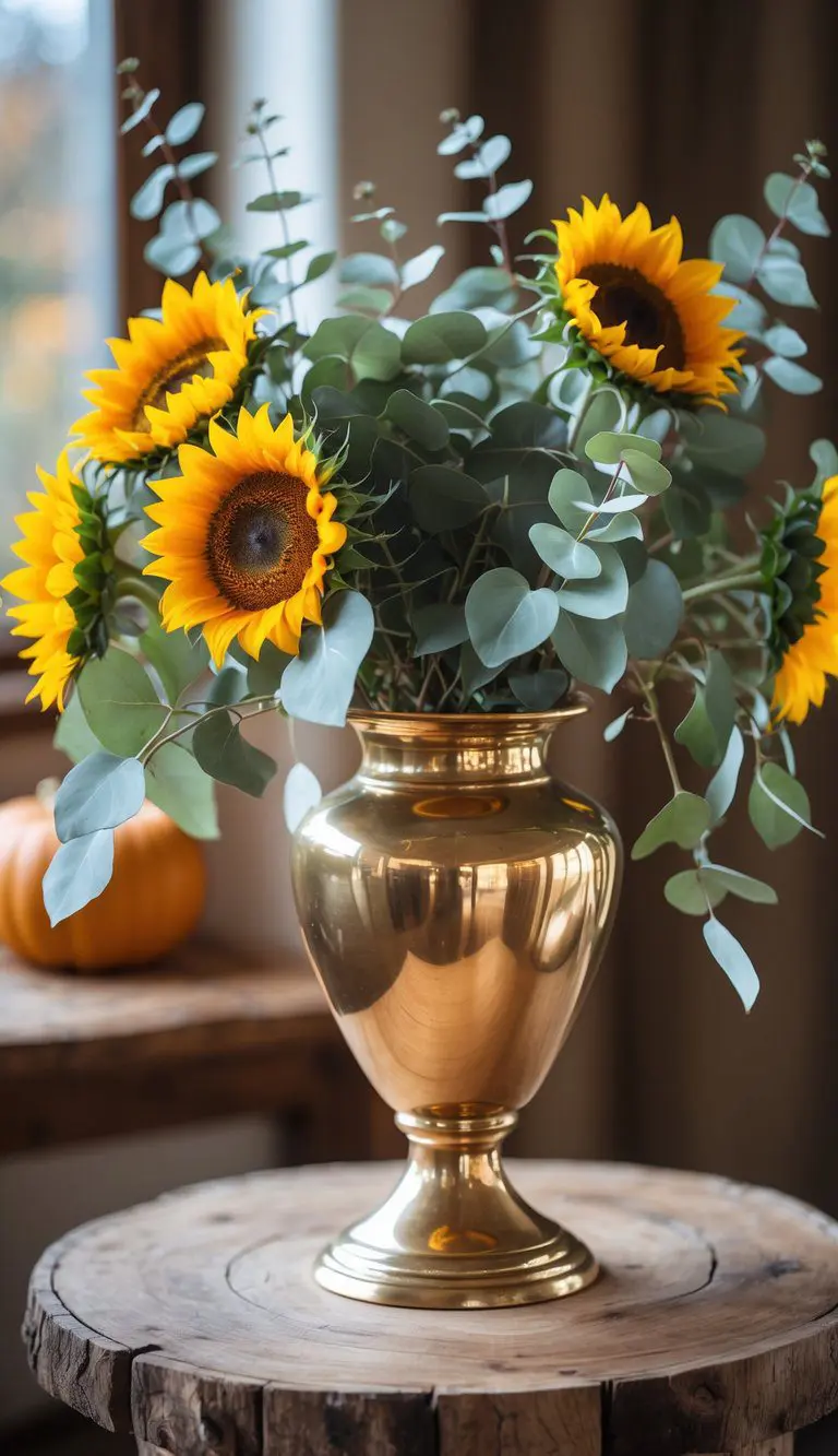 A brass vase filled with sunflowers and eucalyptus branches on a wooden side table.