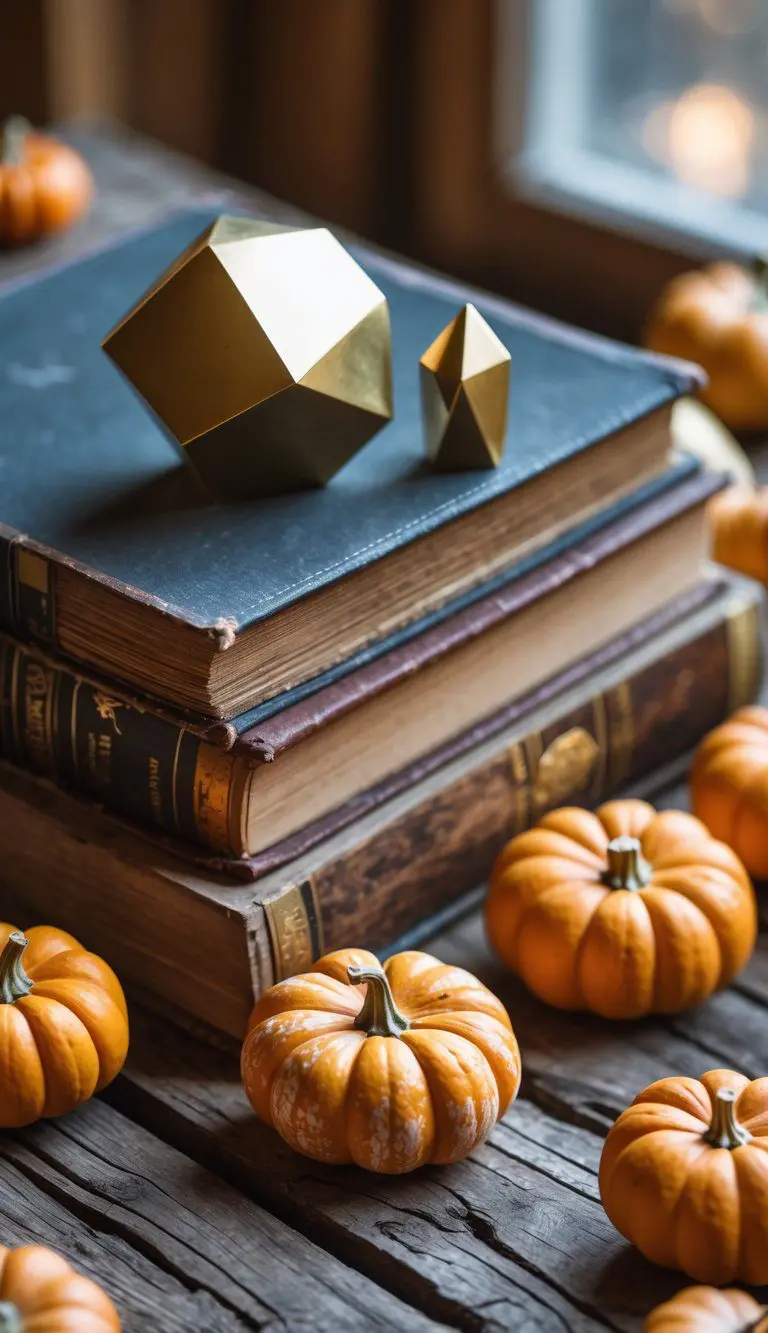 Brass geometric sculptures next to weathered wooden books and small pumpkins on a wooden surface.