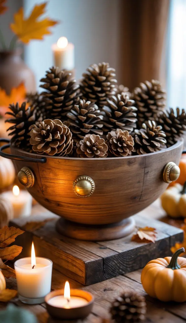 A wooden bowl with brass handles filled with pinecones placed on a wooden surface surrounded by fall decorations.