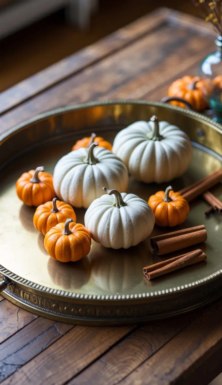 A vintage brass tray on a wooden coffee table holding mini pumpkins and cinnamon sticks.