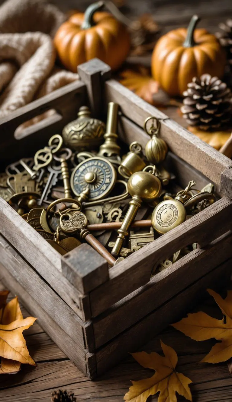 A wooden crate filled with brass keys and small statues surrounded by fall leaves and pinecones on a wooden surface.