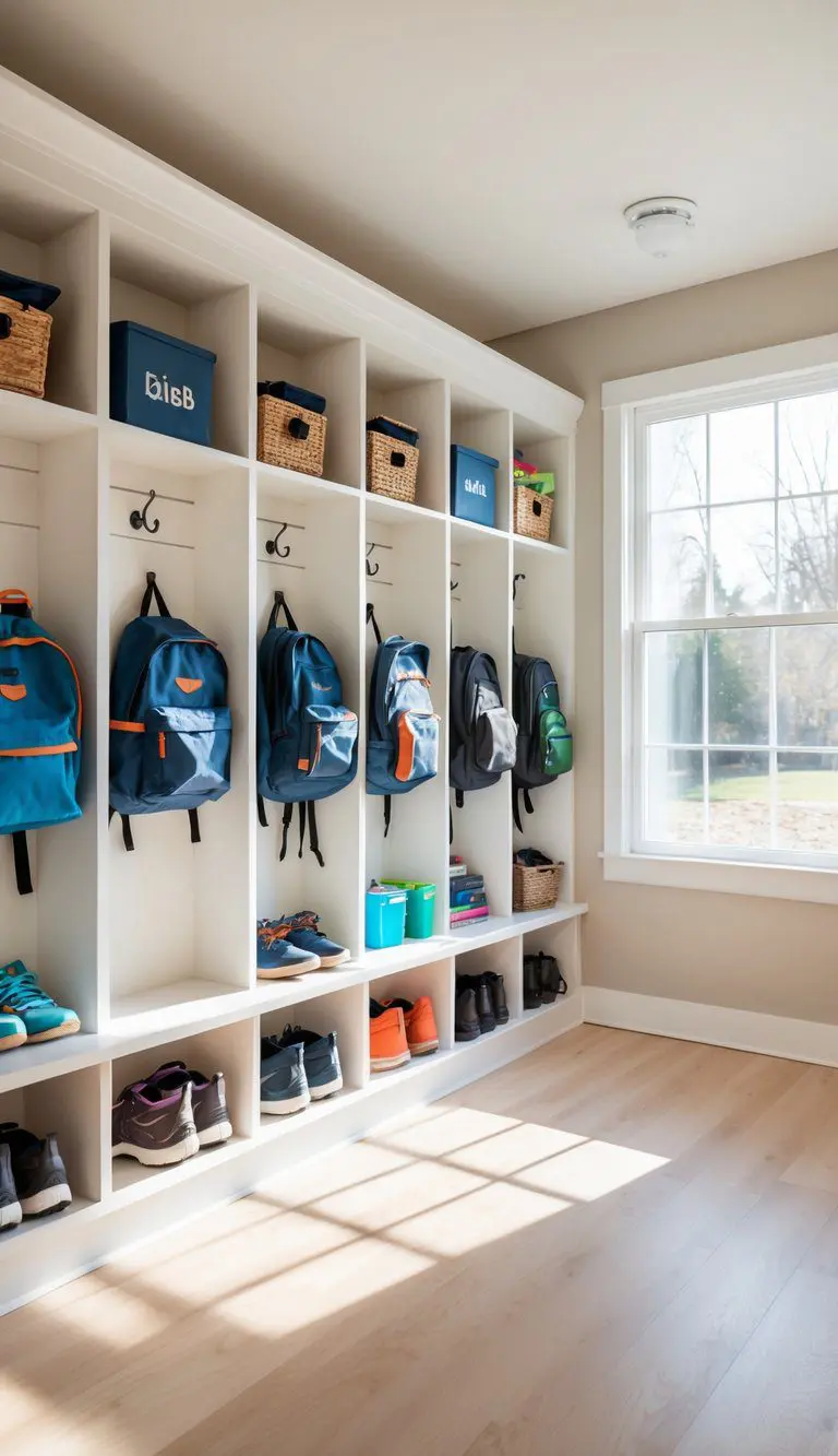 A mudroom with personalized cubbies holding backpacks, shoes, jackets, and school supplies for each family member.