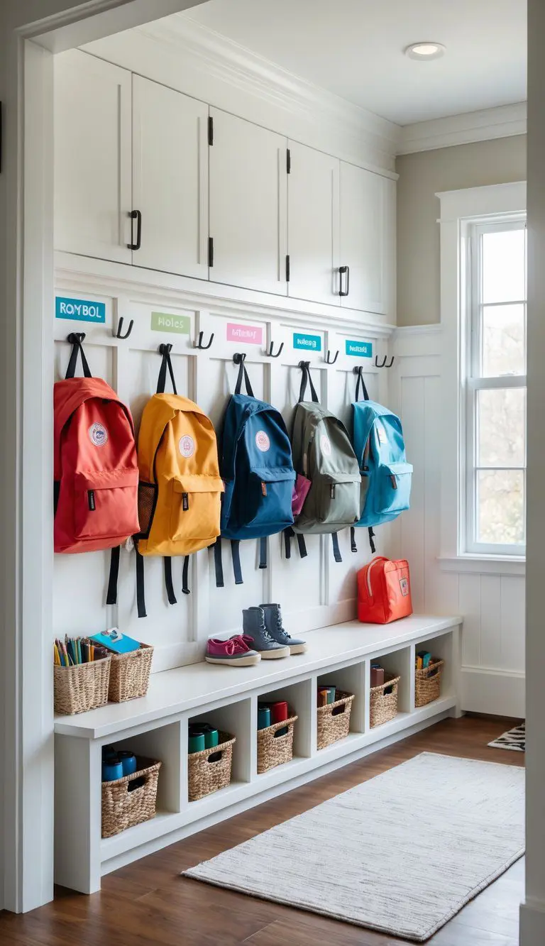 A tidy mudroom with labeled hooks holding backpacks and jackets, shelves with baskets underneath, and natural light filling the space.