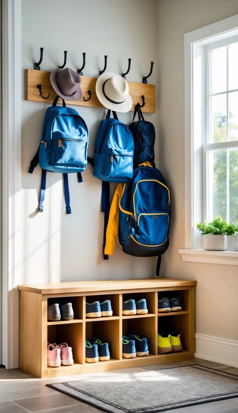 A mudroom with a wooden bench that has shoe storage underneath, backpacks and jackets hanging on wall hooks, and shoes neatly organized below the bench.