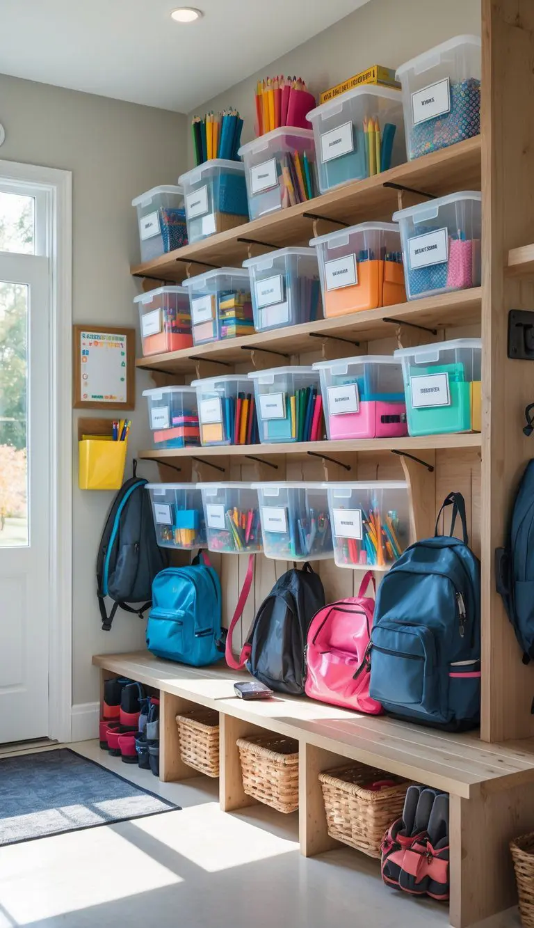 A clean mudroom with clear bins holding school supplies, backpacks hanging on hooks, and shelves organized for back-to-school storage.