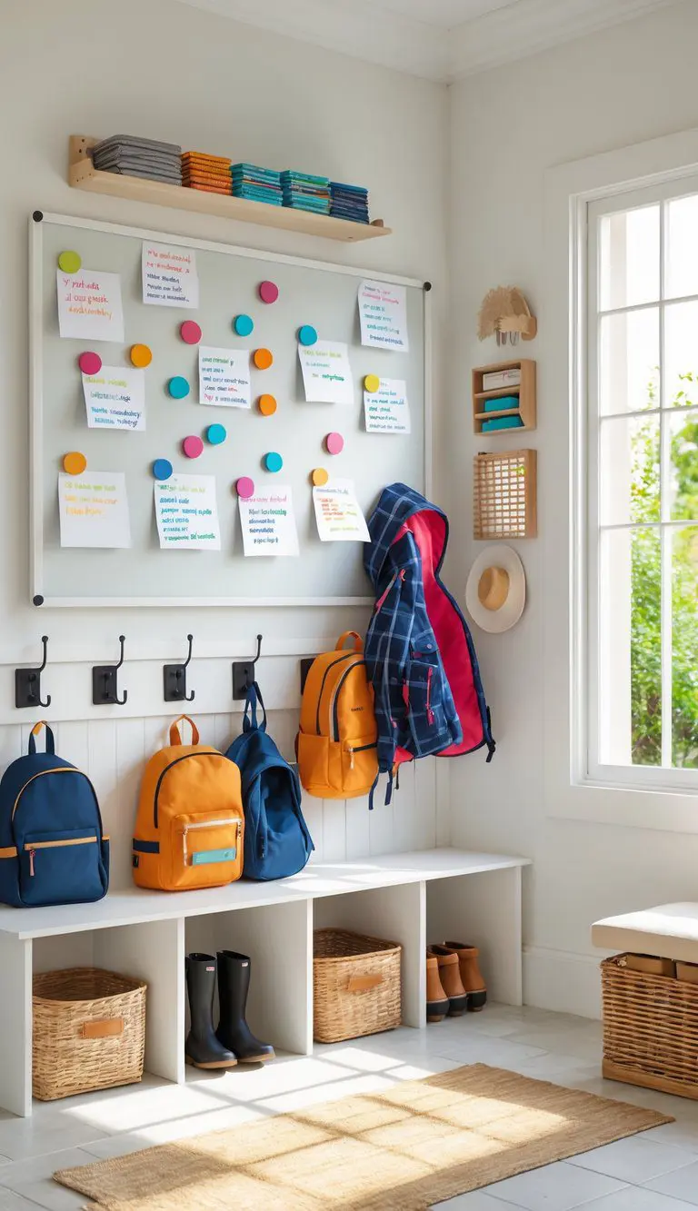 A well-organized mudroom with a magnetic board holding notes and schedules, backpacks and coats hanging on hooks, and storage cubbies below.